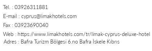 Limak Cyprus De Luxe Hotel telefon numaralar, faks, e-mail, posta adresi ve iletiim bilgileri